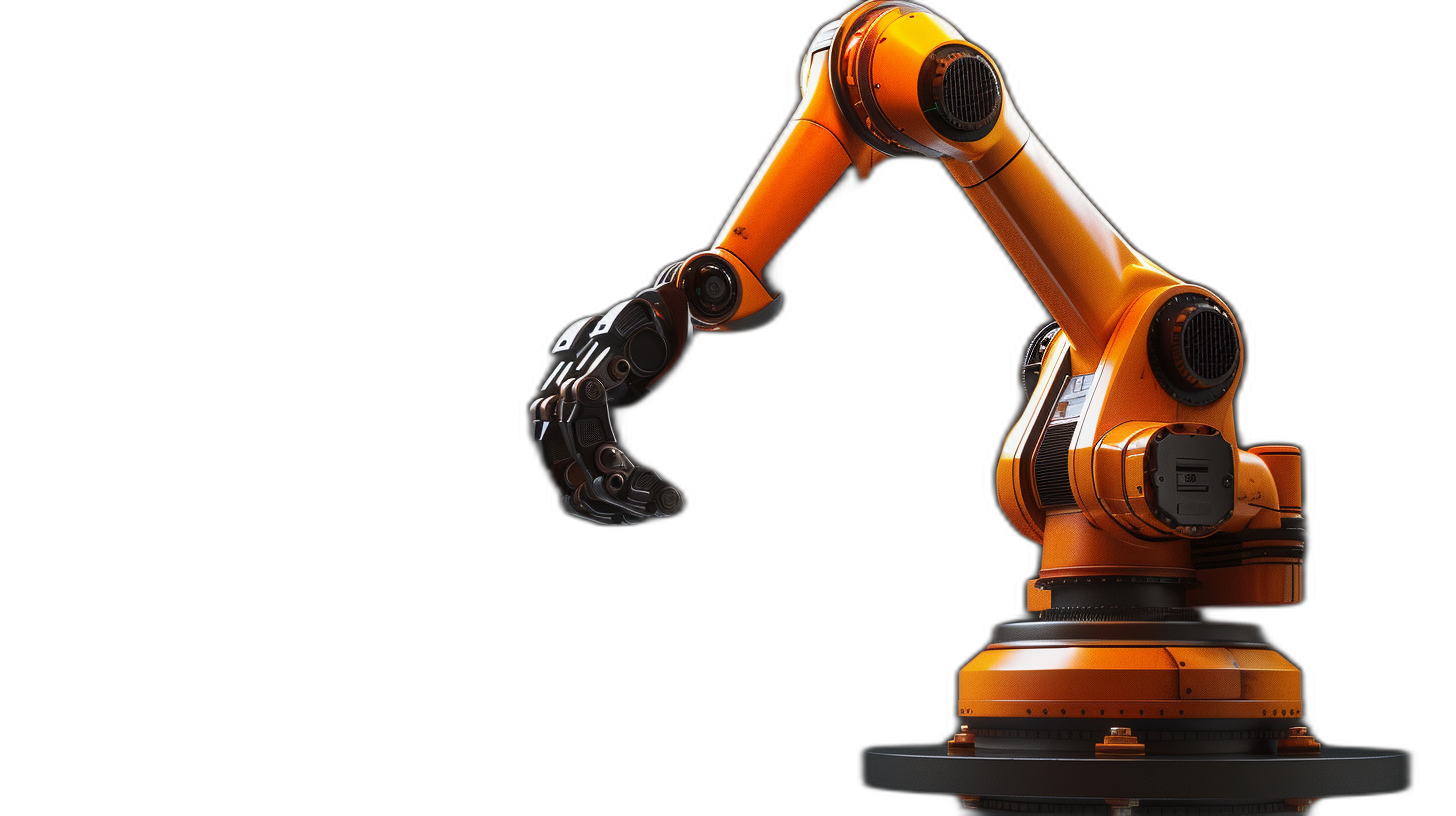 Robot arm, orange color on black background, side view, in the style of high resolution photography