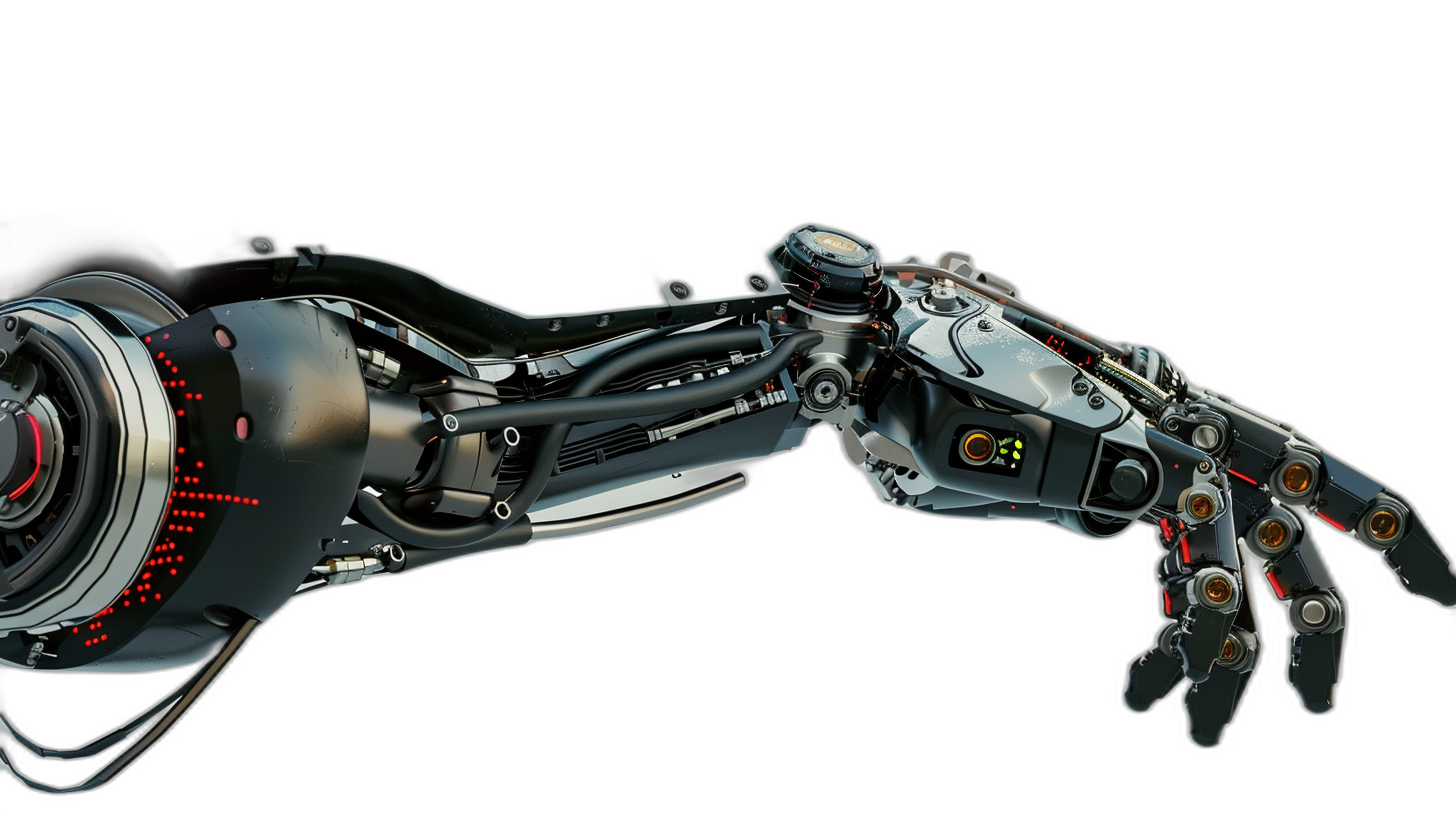 A robotic arm with an open palm, in a scifi style, on a black background, rendered in a hyperrealistic style, using octane rendering.