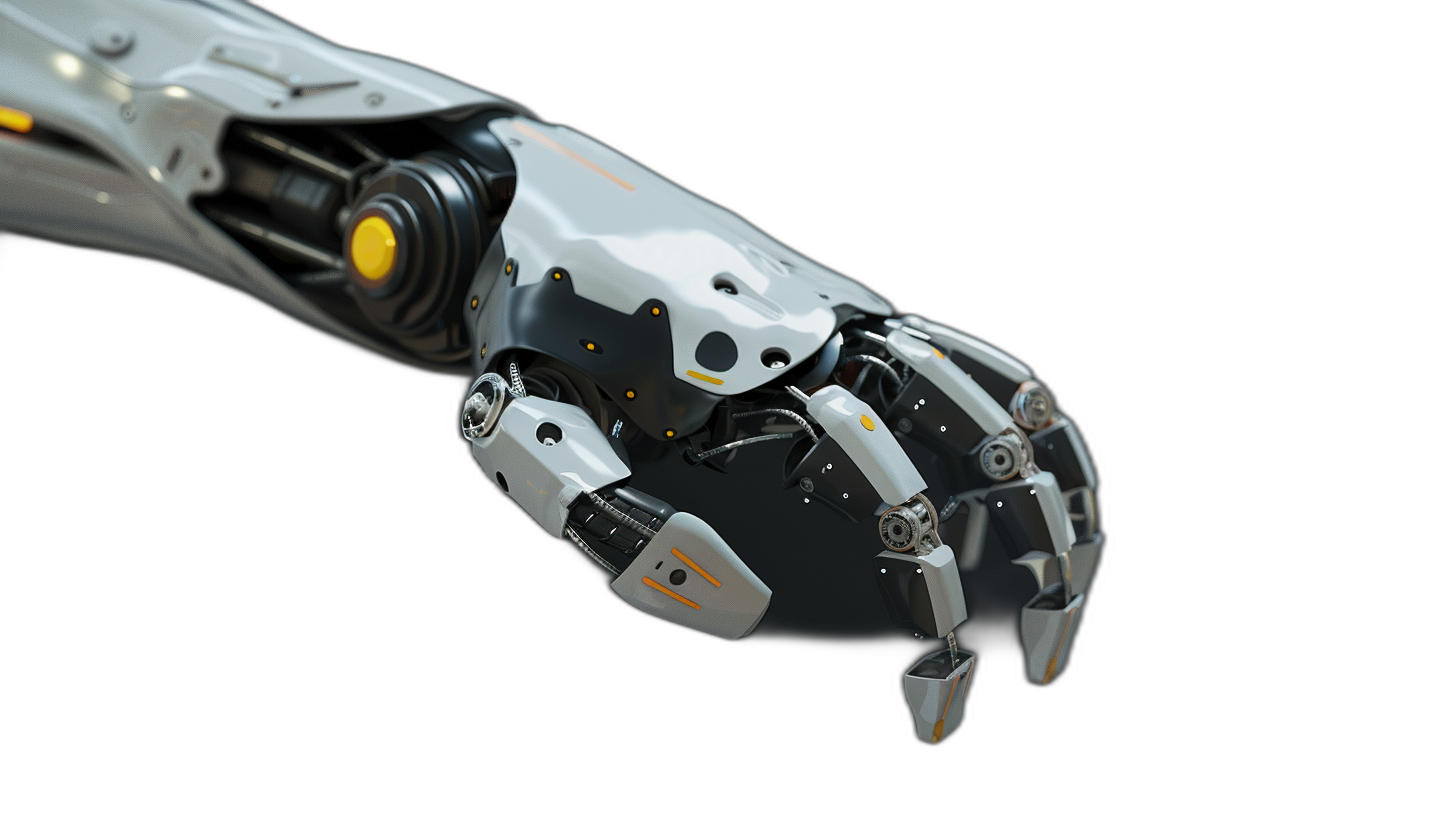 3d render of robot hand on black background, white and grey color with yellow details, perspective view, hyper realistic, octane rendering,