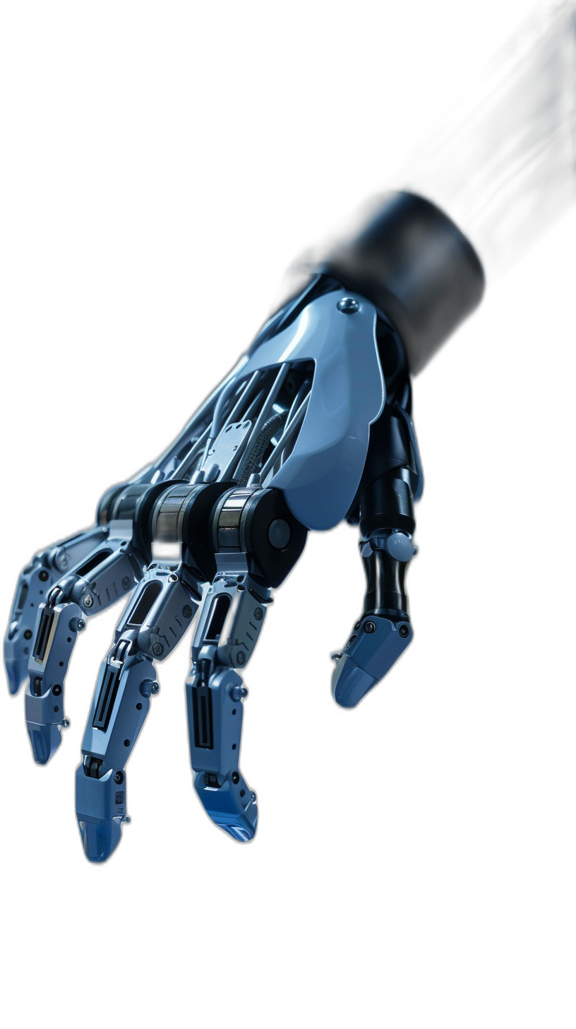 Close up of robot hand on black background, photorealistic in the style of hyperrealism, blue and silver color scheme, high resolution, high contrast, detailed textures, studio lighting, professional photography, sharp focus, depth of field.