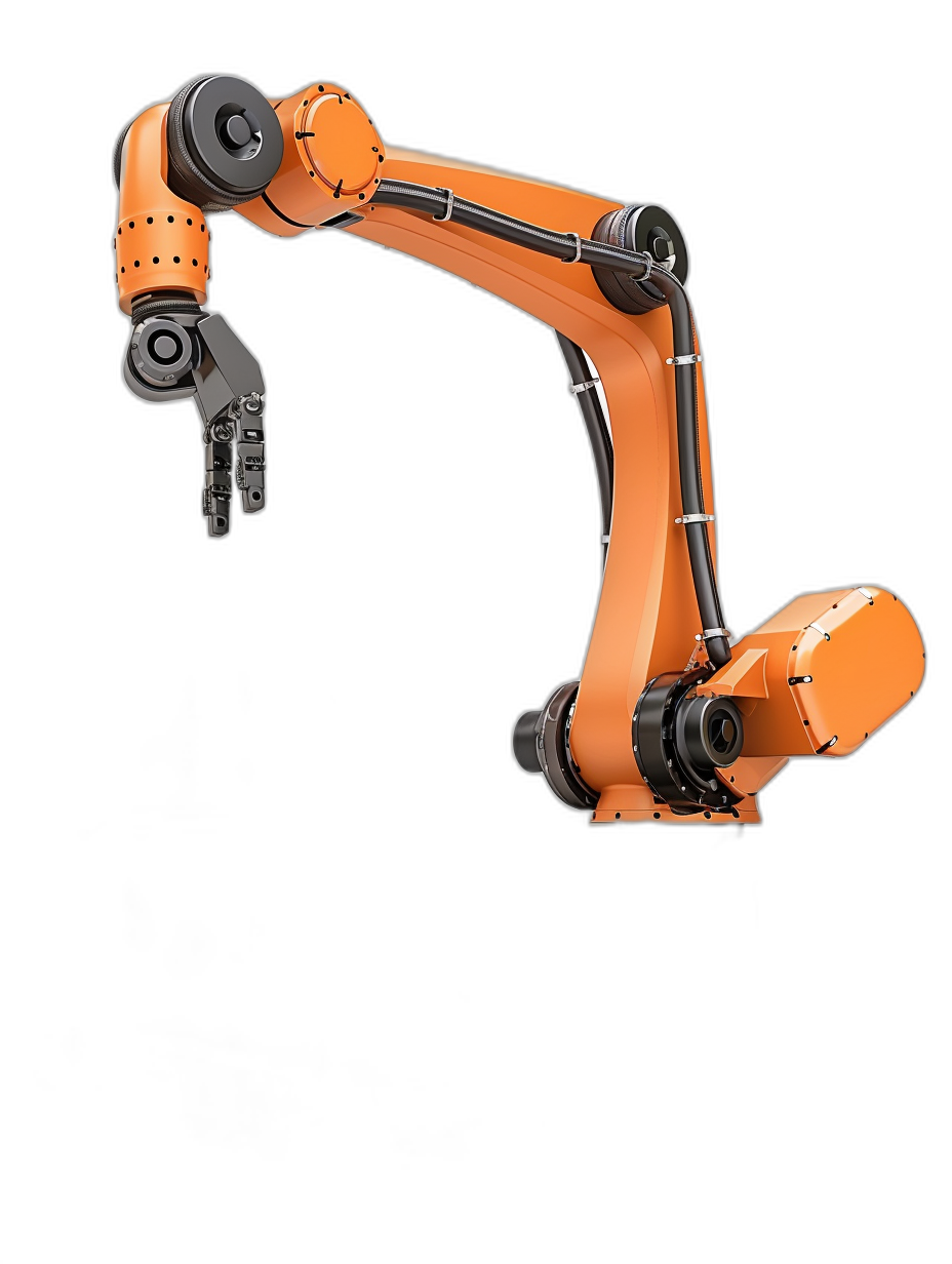 A side view of an orange industrial robot arm on a black background, in a high resolution photograph.