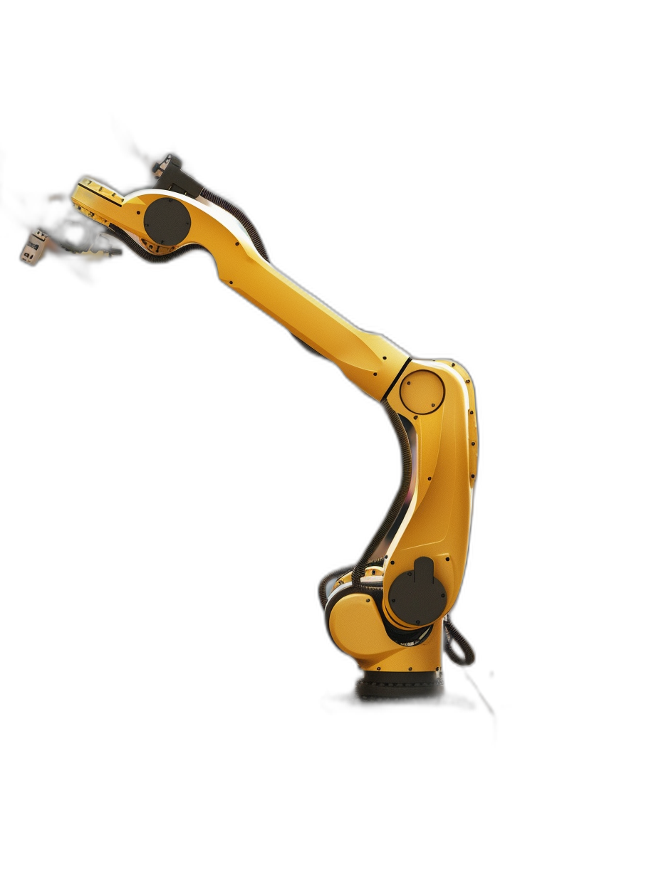 A yellow robotic arm against a black background in a side view with a futuristic minimalist design captured with high resolution professional photography showing high quality details in the style of magazine commercial photography with soft shadows, clean sharp focus and a hyper realistic style without contrast.