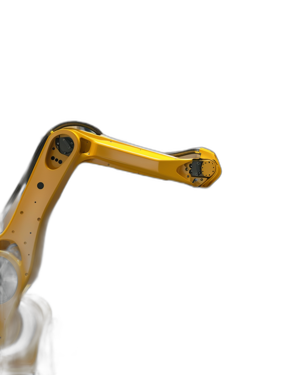 yellow robotic arm, side view, on black background, product photography, in the style of high resolution, high contrast