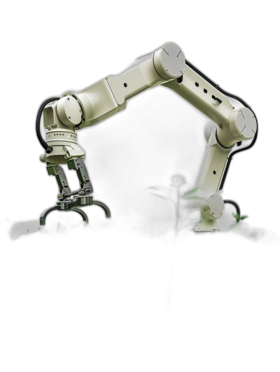 A robotic arm with two mechanical arms is seen on the right side of an isolated black background, performing farmers' work in lush green fields, illuminated by soft light and casting shadows. The robotic arm is depicted with techniques such as focus stacking, in the style of industrial design, with dark, white and beige colors in a minimalistic and hyperrealistic style in the closeup, low angle shot view of the robot hand holding a seedling.