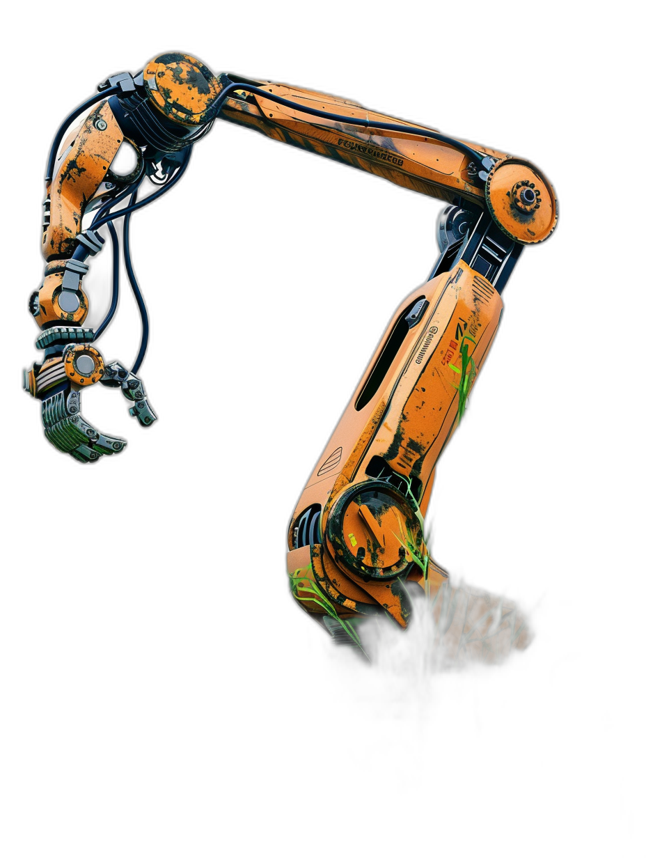 industrial robot arm, orange and black, green glow on top of the hand , pure black background, hyper realistic oil painting, side view