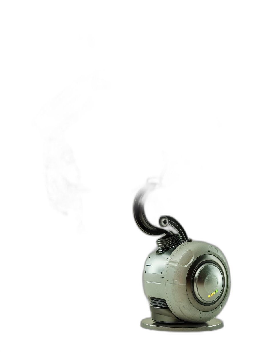 A small white robot with an electric motor on its back, blowing out smoke from the engine and emitting light in the dark space. High resolution photography, with insanely detailed and fine details, on an isolated plain black background, in the style of a stock photo magazine cover.