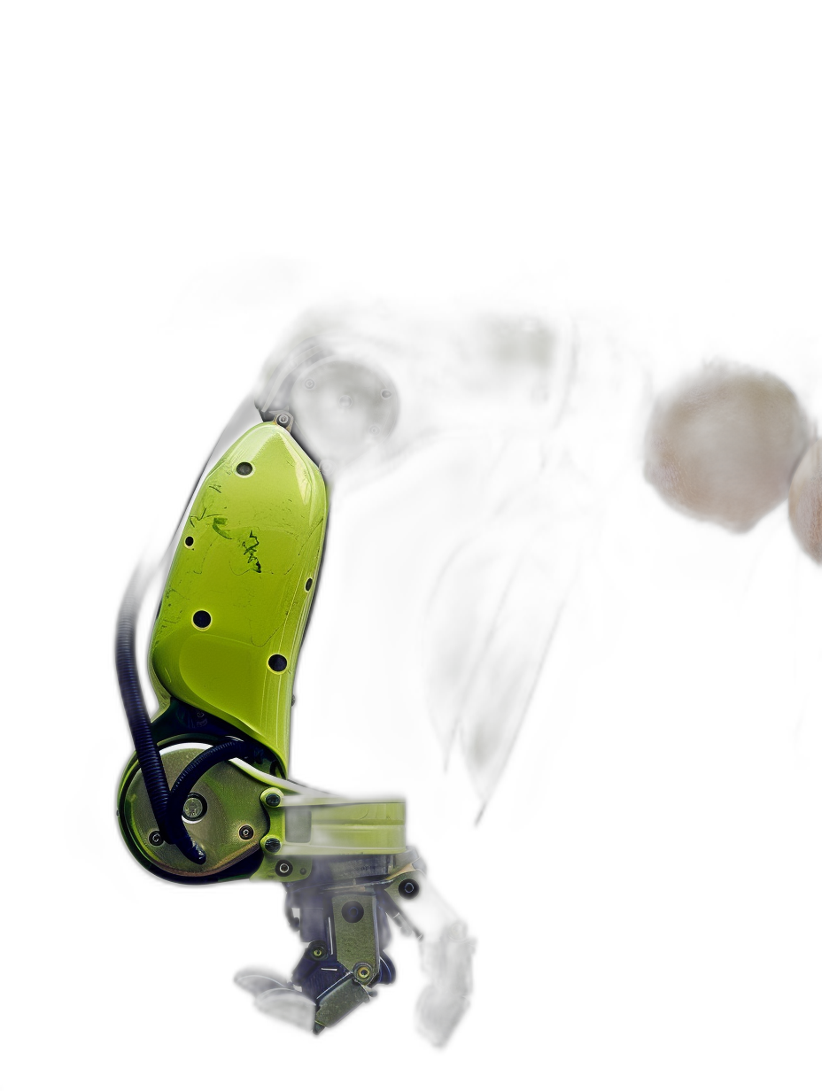 A robotic arm with lime green and navy blue colors, holding an orange in its hand on black background, photorealistic, hyperrealism, octane render, unreal engine, volumetric lighting, high resolution photography, cinematic