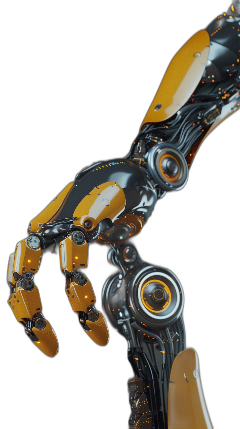 3d render of robot hand, yellow and black color with orange details on the palm, on pure dark background, high resolution, hyper realistic,