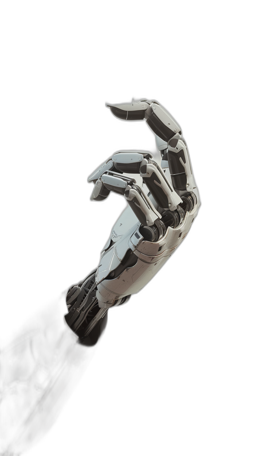 A robotic hand reaches out towards the viewer against a black background in the style of scifi and futuristic. It has a metallic texture with a white and silver color scheme. The hand is depicted in high resolution with hyperrealistic details as if under studio lighting in a closeup perspective with its palm facing upwards.