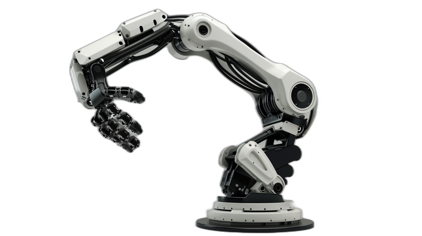 A robotic arm with a black background and a white and grey color scheme in a simple, industrial style as a 3D rendering from a 45 degree side view showing a robotic hand holding a product on a product display platform with a minimalist design and front light. A white robot body on a dark background in the style of white arms on a dark background and white hands on a dark background and white metal material on a dark background for product photography.