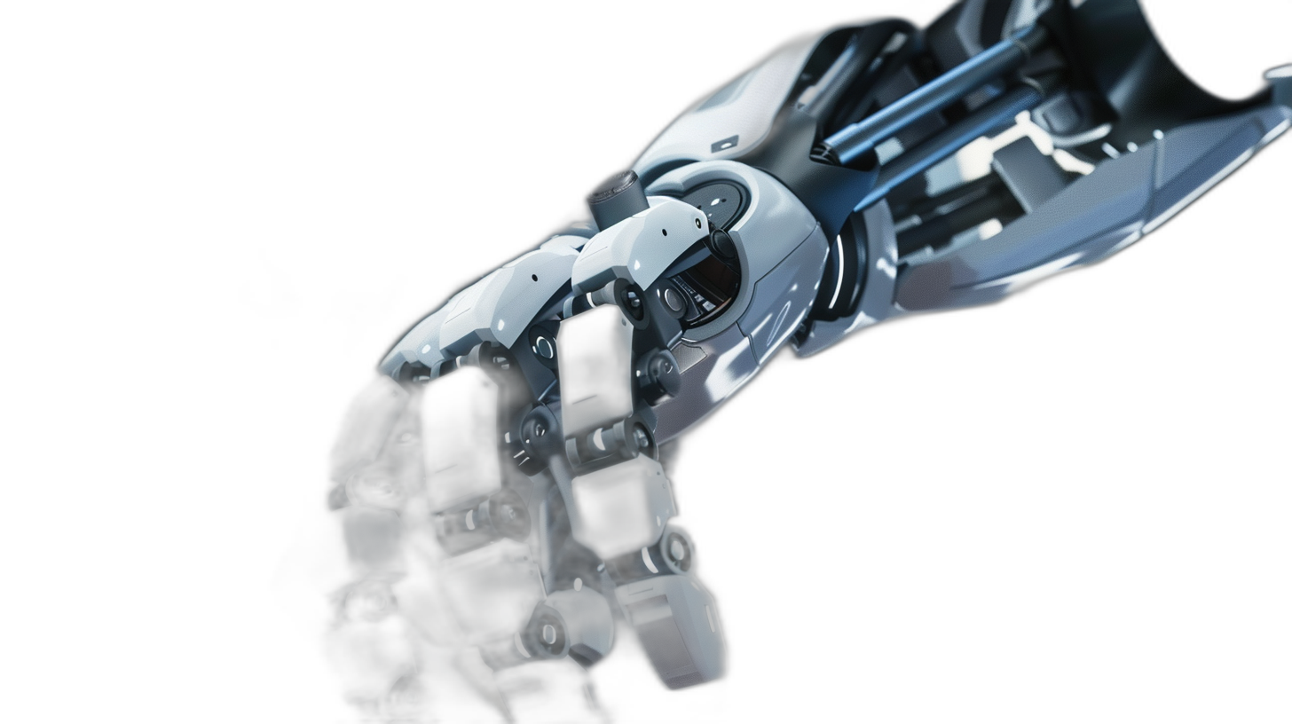 close up of robotic hand on black background, robotic arm with hand in the air pointing to right side, white and grey metal material, hyper realistic