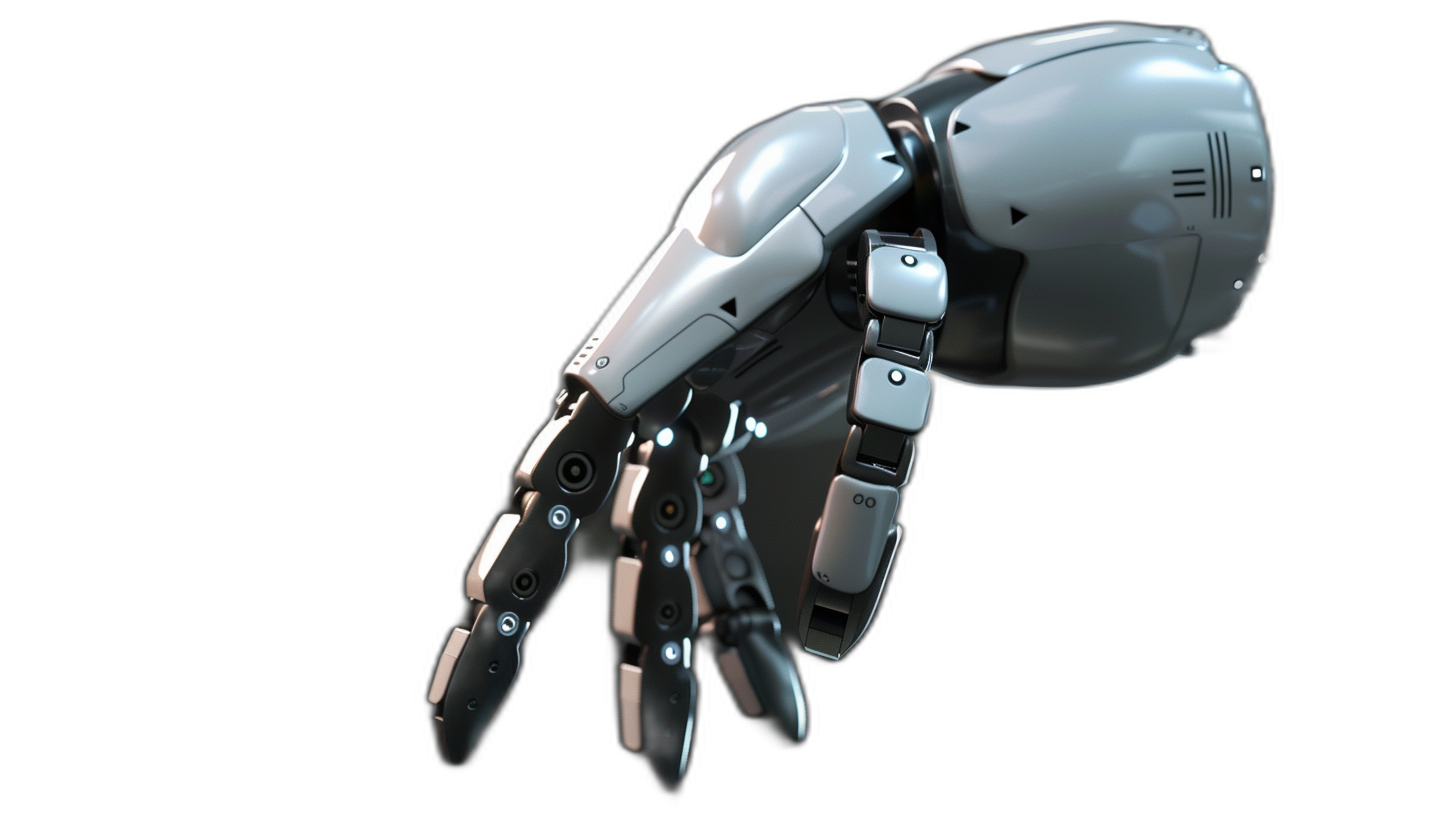 3d render of robot hand on black background, white and grey colors, low angle shot, high resolution photography