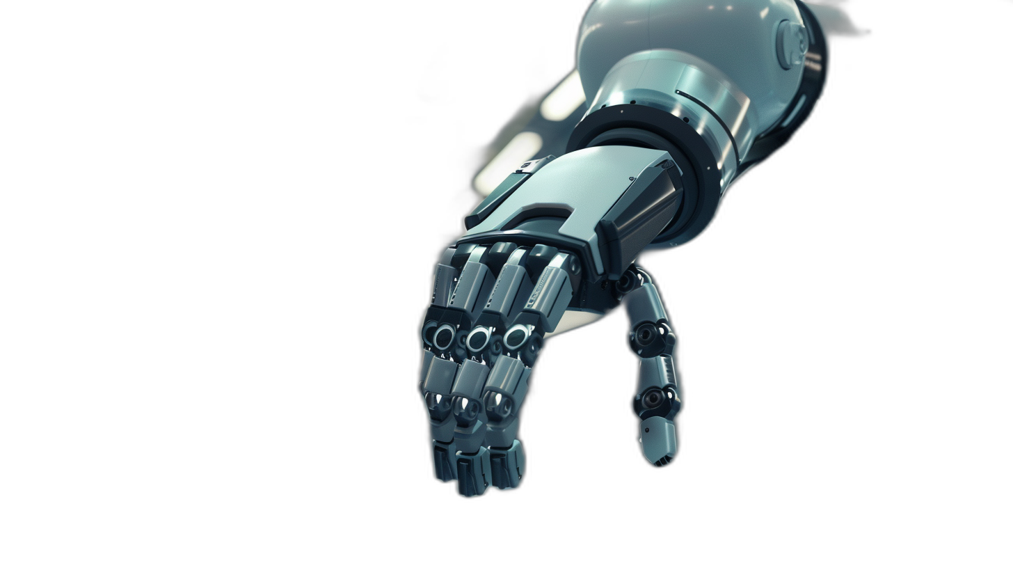 Close up of a robot hand reaching out against a black background in a 3D rendering. The robotic hand is depicted in the style of a mechanical device extending towards the viewer in an isolated manner on a plain black backdrop as a computer generated three dimensional image.