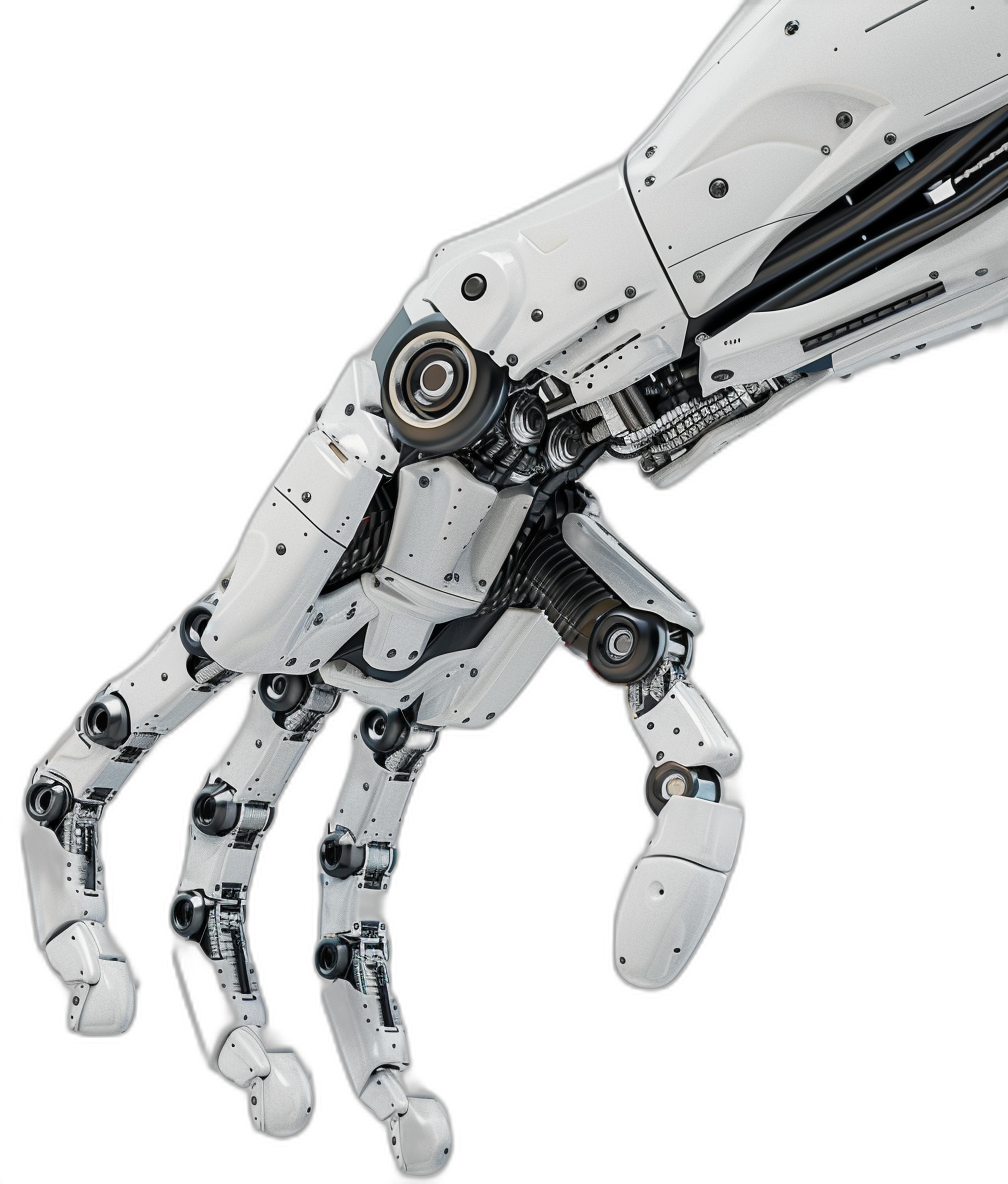 white robot hand with palm open, on a black background, in a hyper realistic photo style, side view