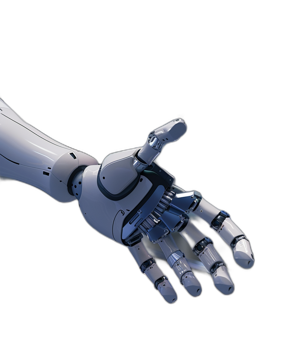 3d render of robot hand reaching out to you on black background, low angle shot, side view, hyper realistic