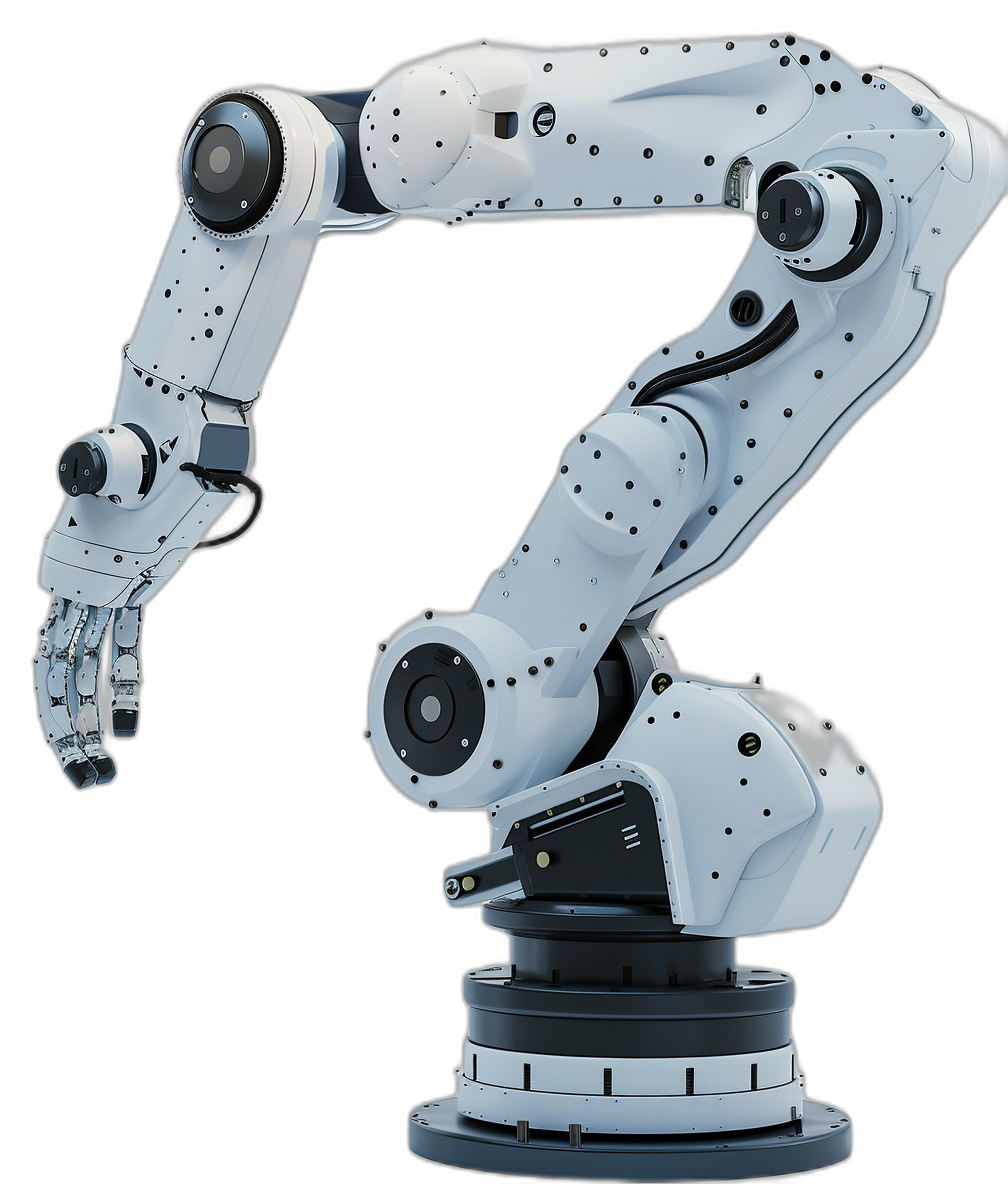 A robotic arm, white in color with black dots on the body and hands, holding an industrial machine head in front of it. The background is a solid black to highlight contrast between the object and environment. There are no other elements present. The rendering effect has a photorealistic style.