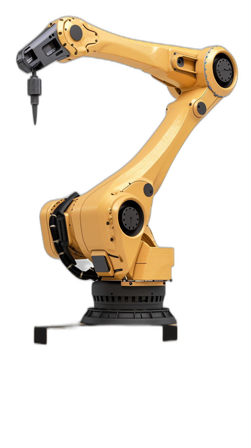 yellow industrial robot arm on black background, side view, hyper realistic photo