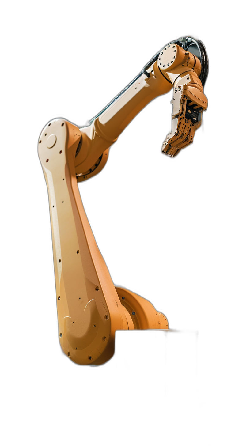 A robotic arm holding a screen, with an orange color and black background. It is designed in a minimalist style for industrial design. The robot’s body stands upright at about two meters tall. In front of it extends its hand to hold onto a tablet computer in the style of industrial design.