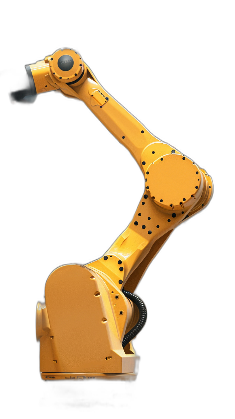 yellow industrial robot arm on black background, side view, isolated, stock photo