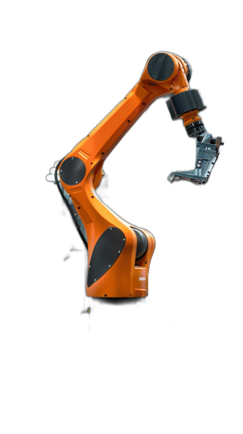 industrial robot arm, orange color on black background, side view, isolated