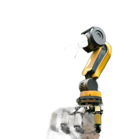 A yellow and black robot arm on the right side of an isolated dark background, holding something in its hand. High resolution photography, taken with a Canon r6 mark II camera using a high quality lens. A hyper realistic photo in the style of high quality photography.