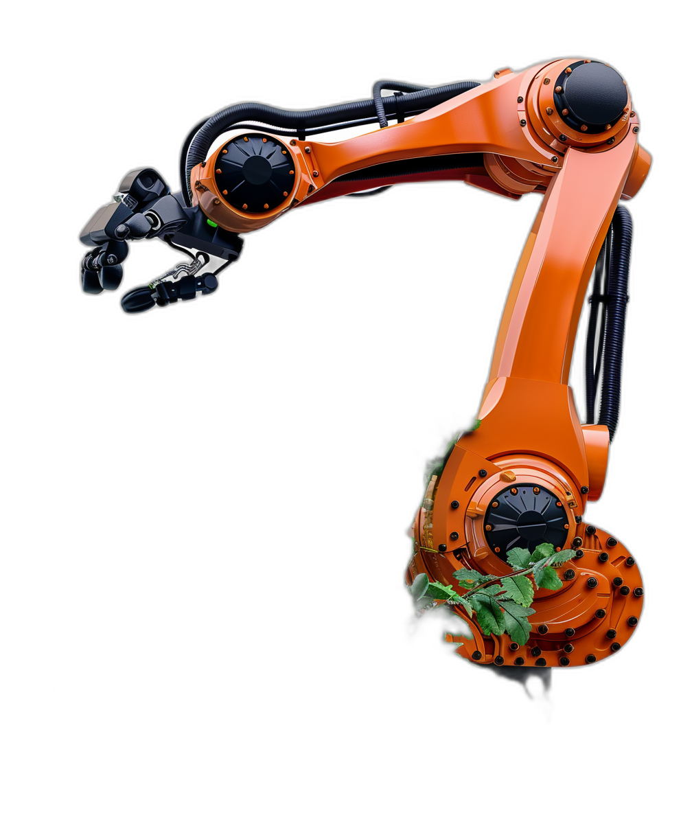 A robotic arm with an orange color holding some plants, isolated on a black background, side view, in the style of ultra realistic photography.