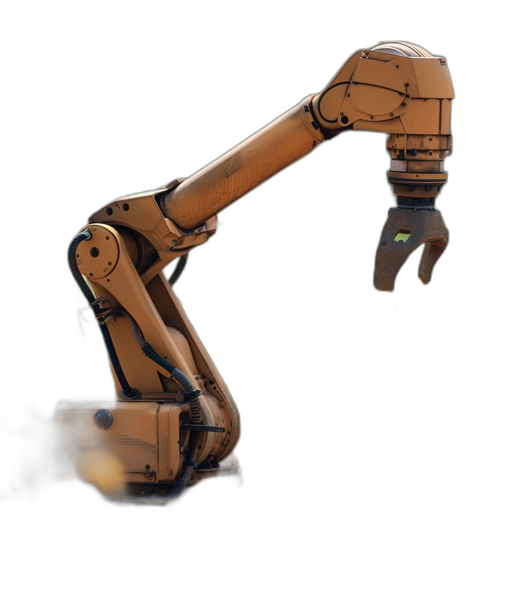 Industrial robot arm, isolated on a black background, side view, in the style of stock photography, in action, with fire, yellow color palette, high resolution, hyper realistic, cinematic lighting, soft shadows, hyper detailed, super realistic.