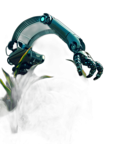 A futuristic robot arm with an elegant design reaching out to touch the leaves of a plant, isolated on black background. Photorealistic and cinematic photography style.