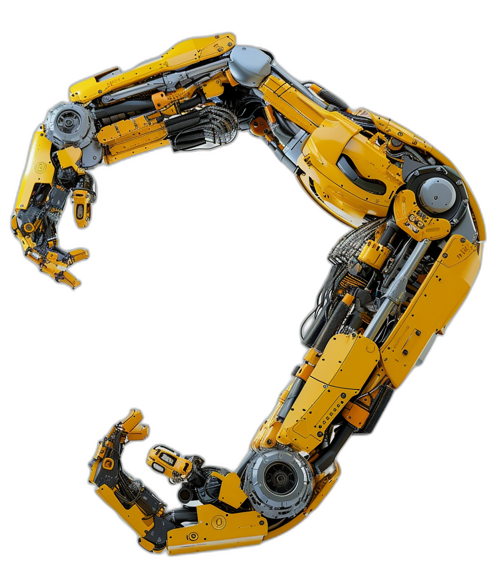 A yellow robot arm made of metal, in the shape of an S letter on black background, with robotic hands, full body shot, cyberpunk style, mecha design, mecha elements, scifi mecha design, robot claws and fingers, mezzanin view angle, high resolution photography, hyperrealistic details, high contrast lighting, cinematic effects, hyperdetailed rendering.