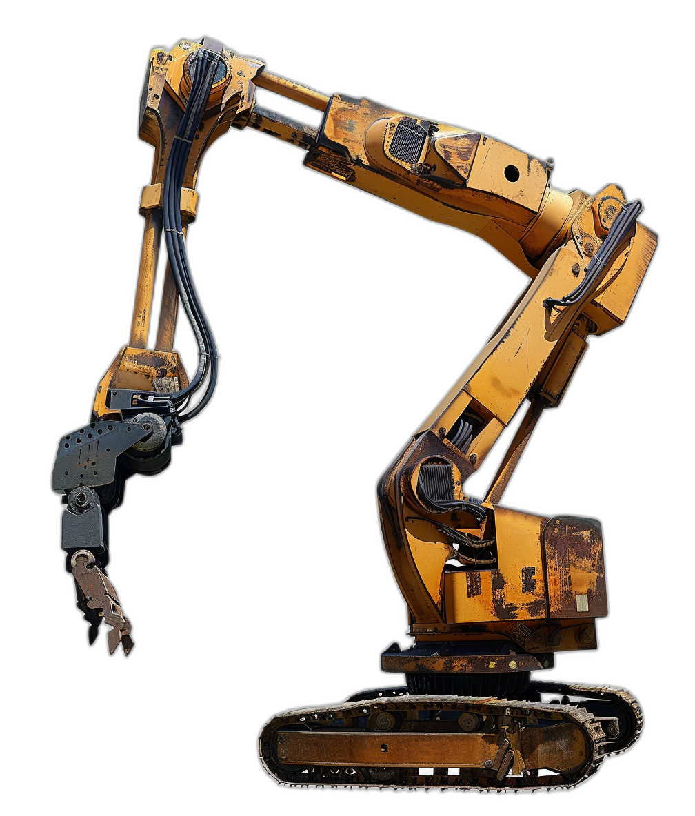 A yellow robotic arm with an excavator on the end, against an isolated black background, concept art in the style of Pixar studio, showing a full body shot.