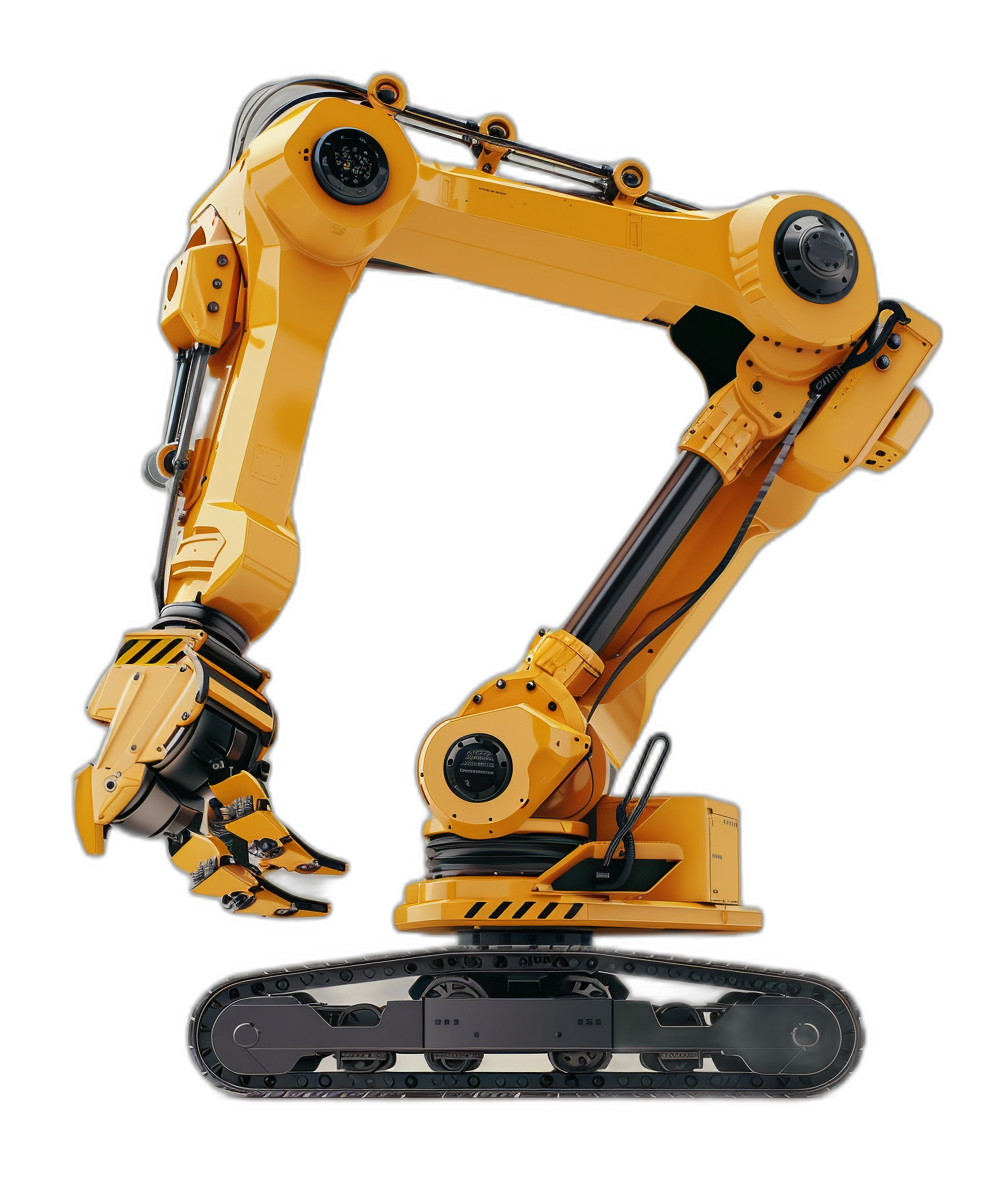 A yellow robotic arm with black tracks on the bottom, designed for construction work and used in asscale. An isolated object on a Black background, in the style of high resolution photography.