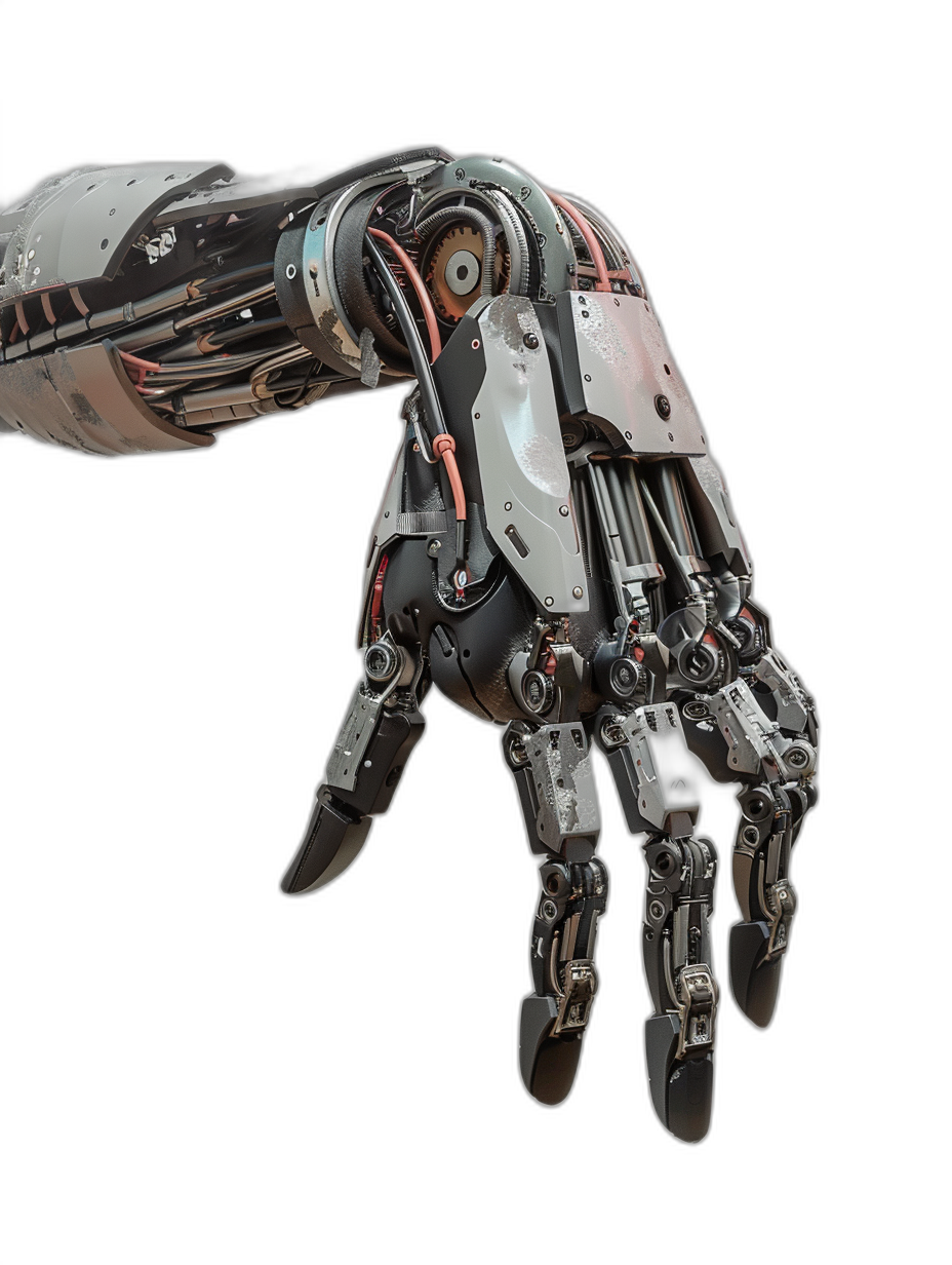 A robotic hand of metal material on a black background in the style of scifi. A high resolution, professional photograph with studio lighting and no other objects in the frame. High detail and hyperrealistic.