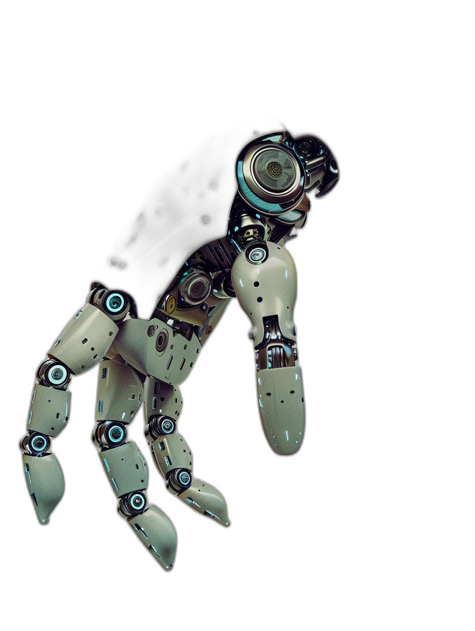 3D render of a cute robot hand with long fingers, painted metallic white and blue on a black background, in the cyberpunk style, rendered in Octane, with high resolution photography, hyper realistic details and textures, epic lighting, a dynamic pose where it is floating in air and looking down at the ground from the side view.