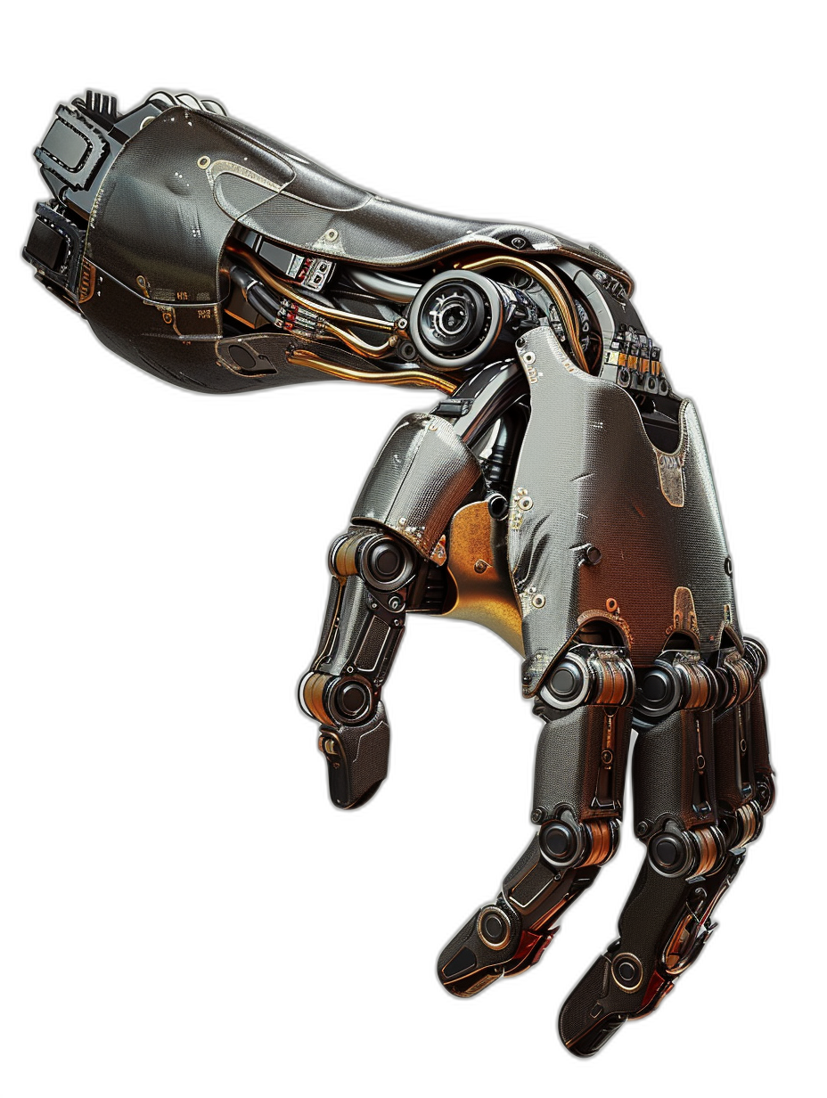 high resolution metallic steampunk robot hand with black background, hyper realistic photography in the style of unknown artist.