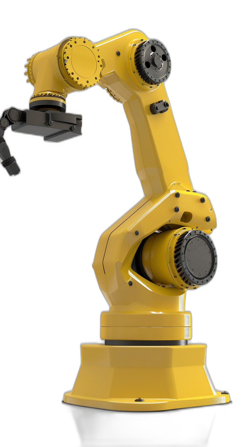 yellow industrial robot arm on black background, hyper realistic photo