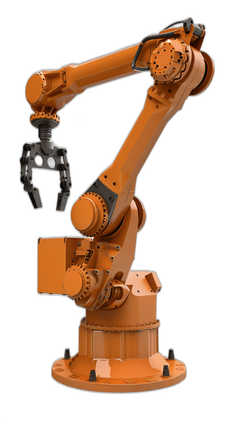 A robotic arm holding an industrial design model on its end, isolated black background, orange color palette, 3d render