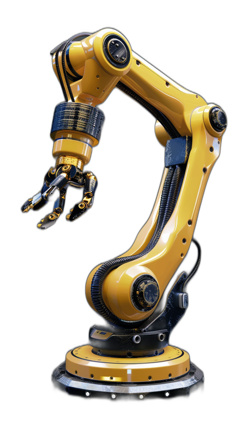 A yellow and black robotic arm on the side, isolated on a black background, in the style of hyper realistic photography.