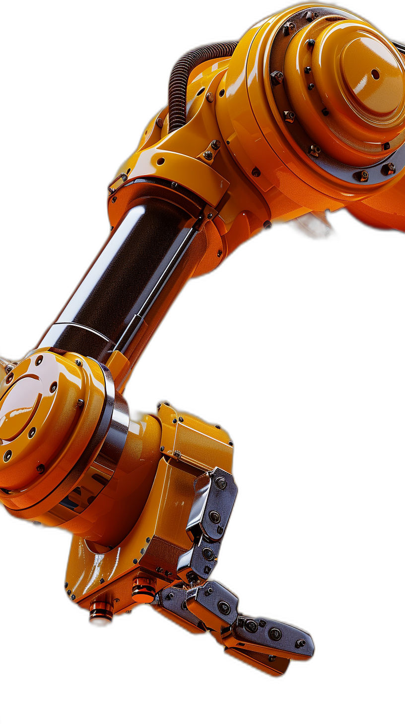 an industrial robot arm in orange color, black background, closeup shot, product photography, hyper realistic