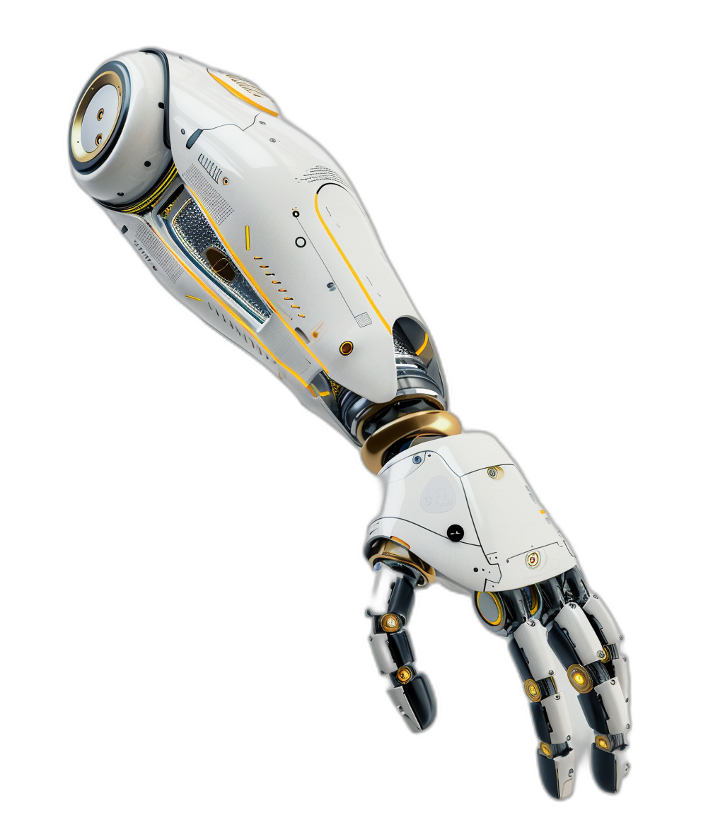 A white and yellow robotic arm with black background, scifi style, with metal texture and metallic luster. The palm is open to display the complete hand structure. It has a sense of technology and cyberpunk elements in its design. High resolution, bright colors, and clear details.,,in