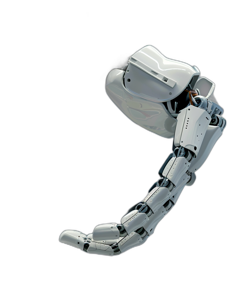 Photo of a white robot arm in the air, side view, against a black background, isolated, in the style of hyper realistic