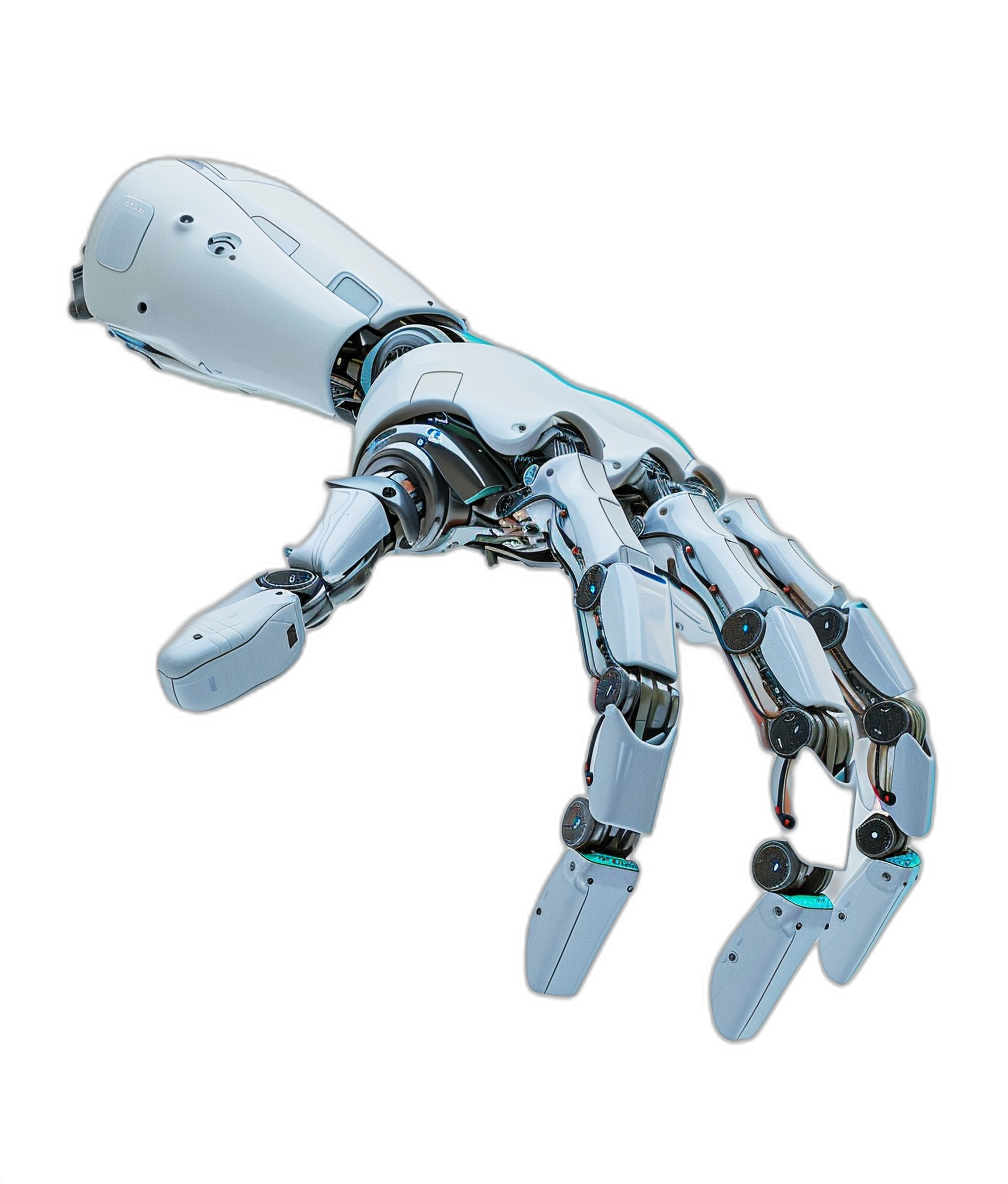 3d render of white robot hand with palm extended forward on black background, high resolution, high detail, high quality, high sharpness, hyperrealistic, masterpiece, cinematic lighting, studio light,