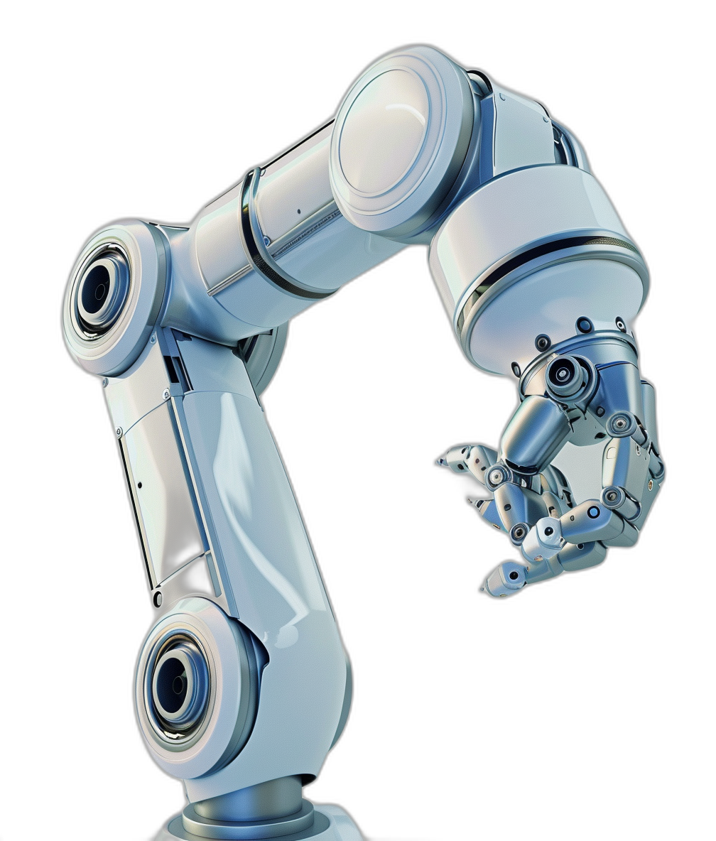 3d render of white robot arm with black background, hyper realistic