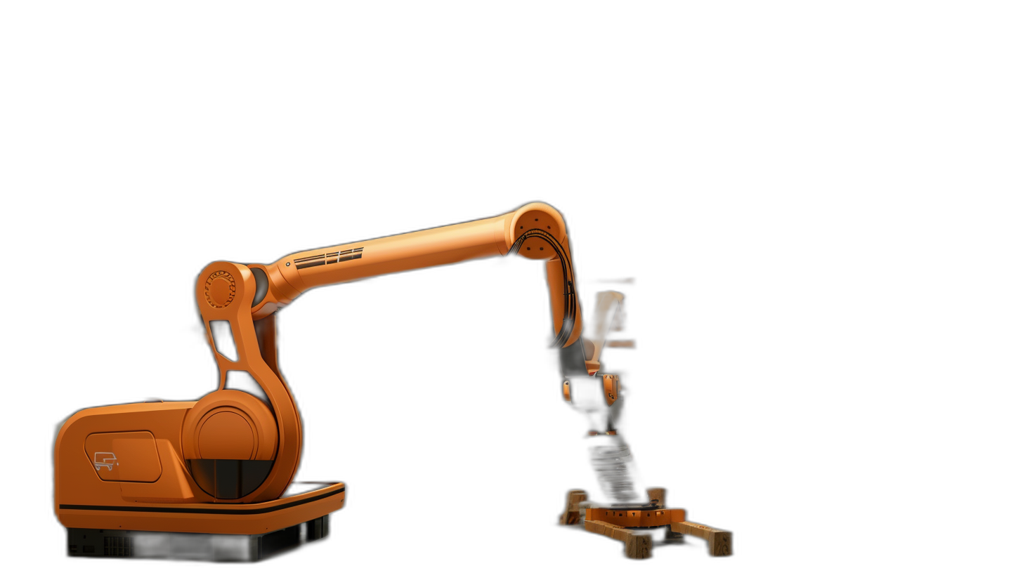 A robotic arm with orange color and a black background is used for carpentry work on the right side of an industrial robot arm, with tools hanging from it. The image has a minimalist style, with high resolution and a black background. It is an illustration in the style of an industrial robot arm.