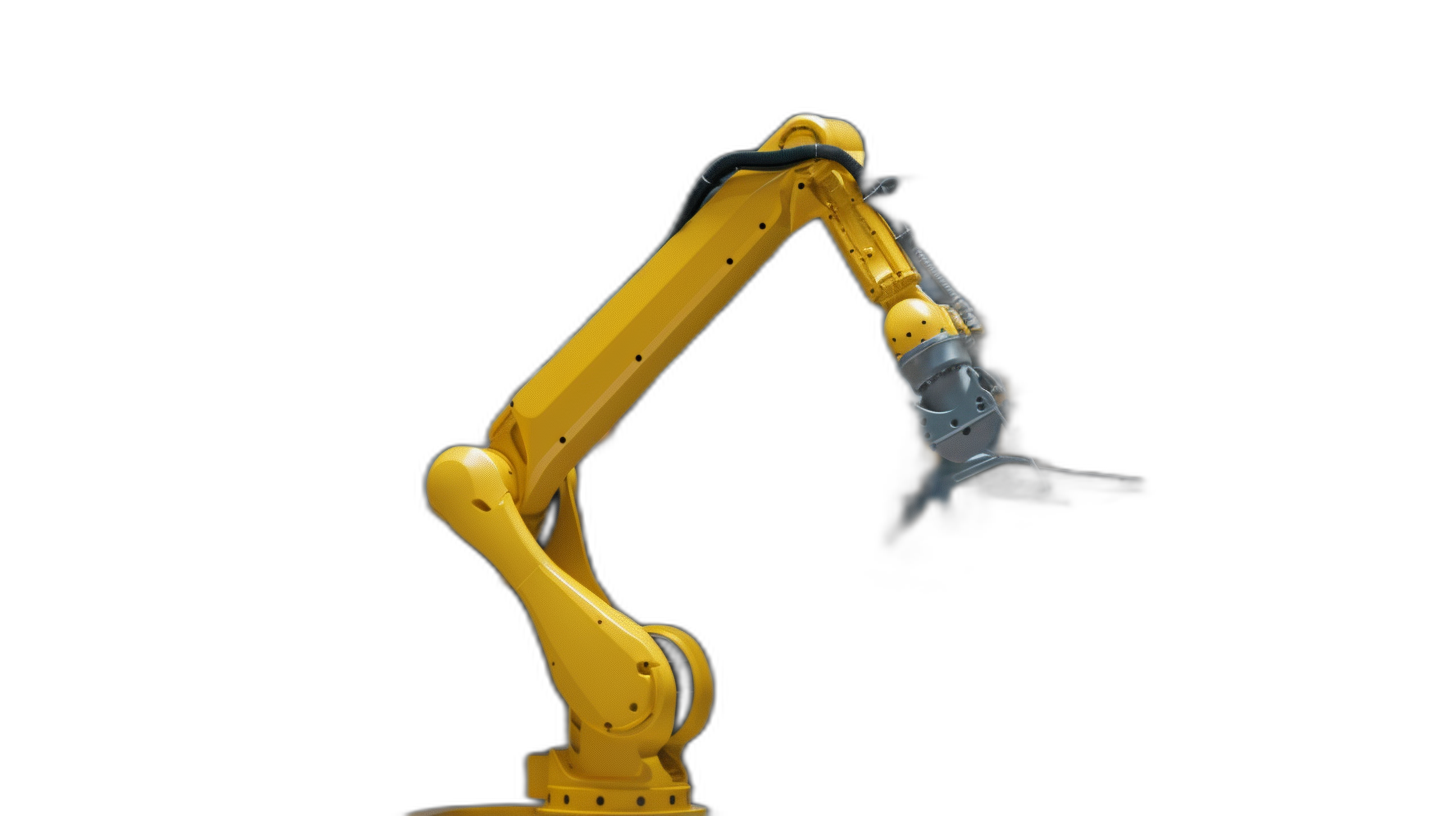 yellow robotic arm on black background, isolated on the left side of screen, shot from profile angle, front view, high resolution photography