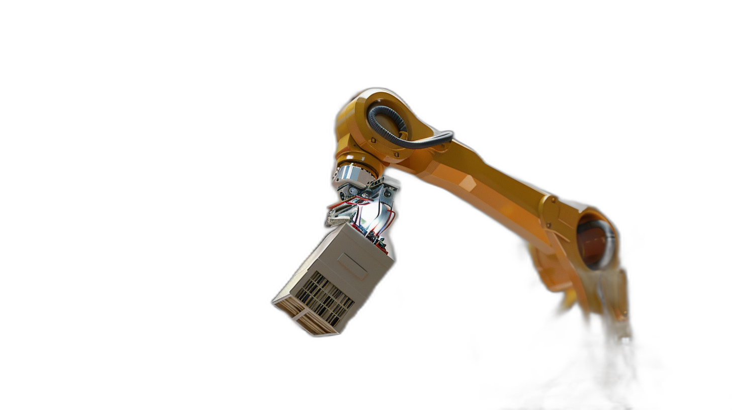 A robotic arm holding an air conditioner box, suspended in the center of black background, blender rendering style, light yellow and dark orange, full body shot, high resolution, high detail, high quality, high definition, high resolution, high sharpness, high dynamic range, high contrast, high color saturation, hyper realistic