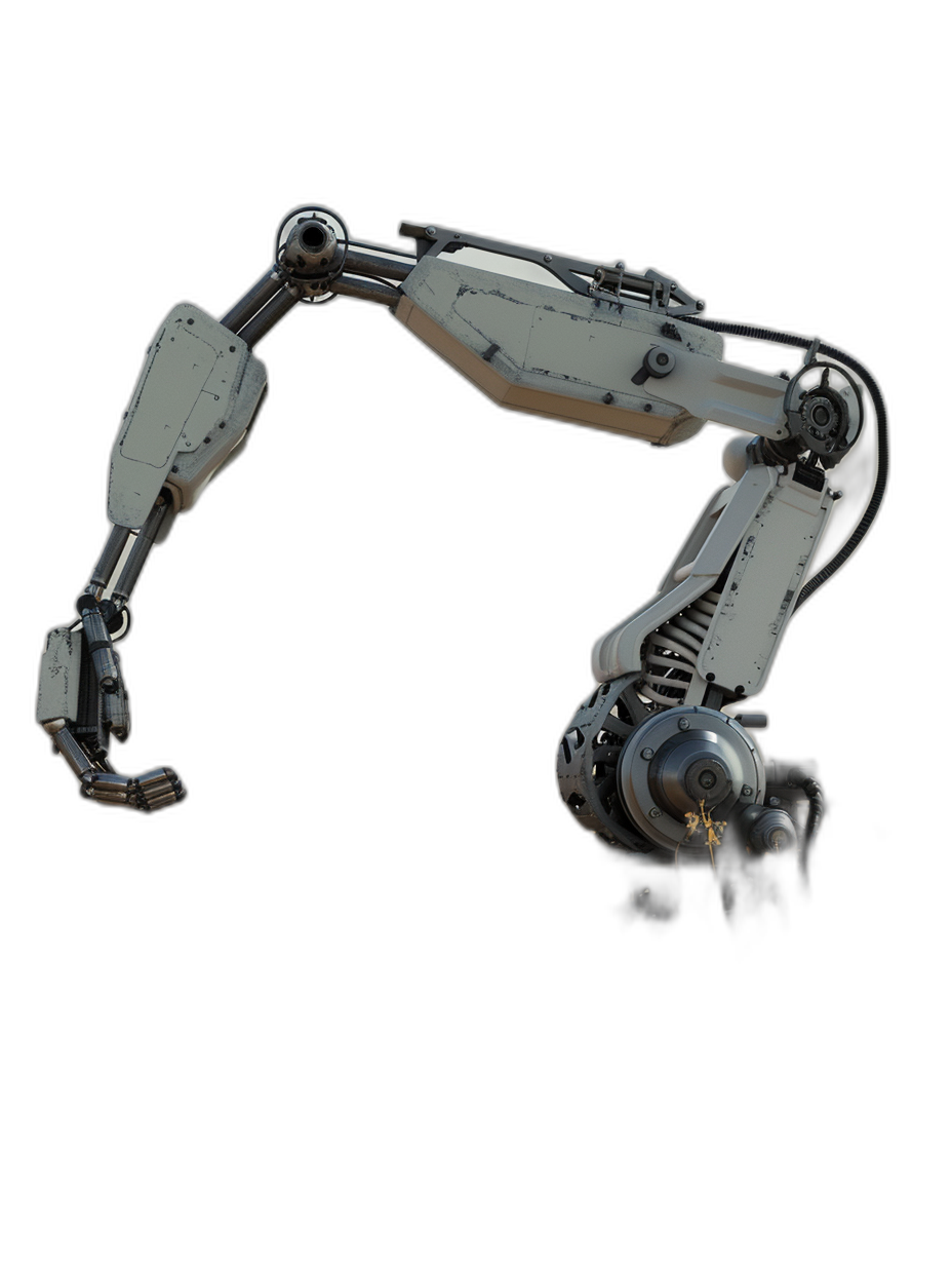 A robotic arm with an industrial design, in the style of concept art, on a black background, in an isometric view, with hard surface modeling, with an industrial machinery aesthetic, at a high resolution, using dark white and light gray colors, with high detail.