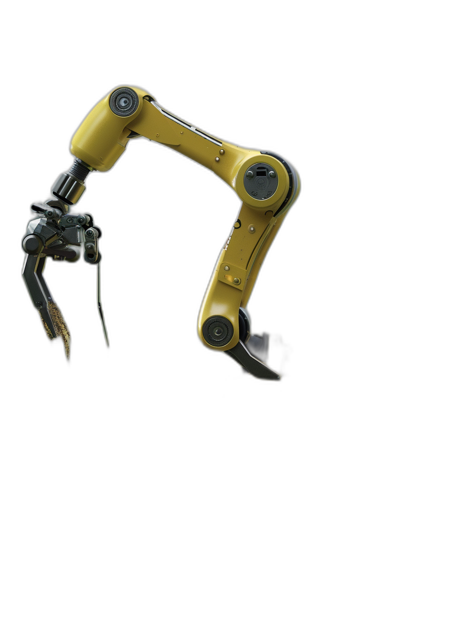 A robotic arm with a black background, in a simple and minimalistic style, with a yellow color scheme, suspended in the air, holding tools, with high resolution, for product photography, as a 3D rendering.