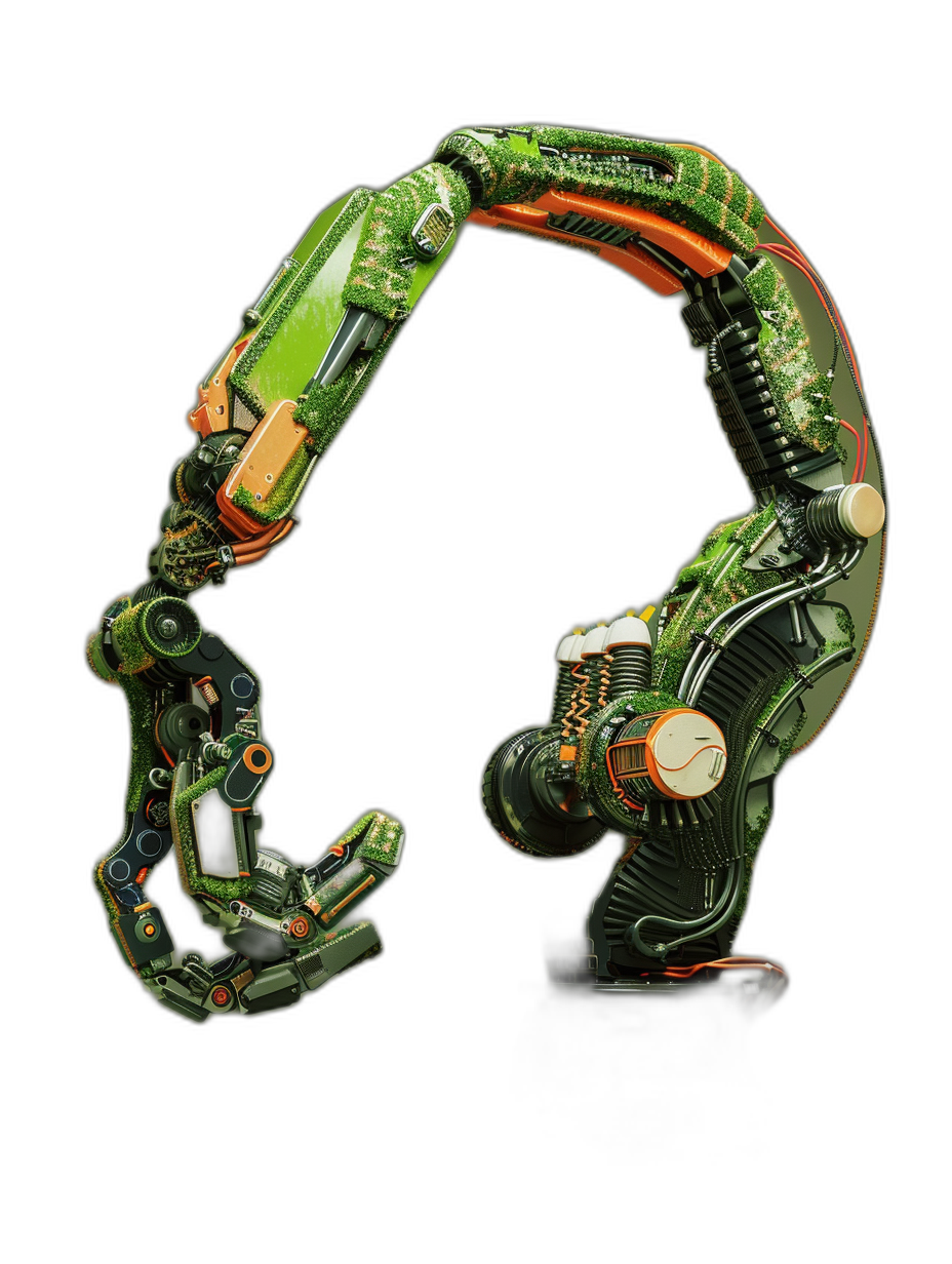 The letter “O” made of green and orange circuit board, cut in half with one side showing the inside, with two robot arms holding it together on black background, cyberpunk style, hyperrealistic, hyperdetailed, hyperphotorealistic, hyperdetaileed, shot from above, full body, high resolution, high detail,