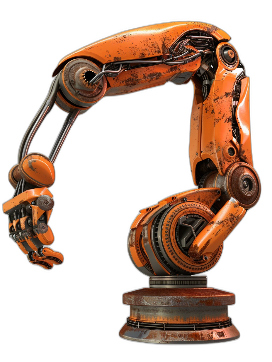 an orange robotic arm, steampunk style, isolated on black background, hyper realistic oil painting