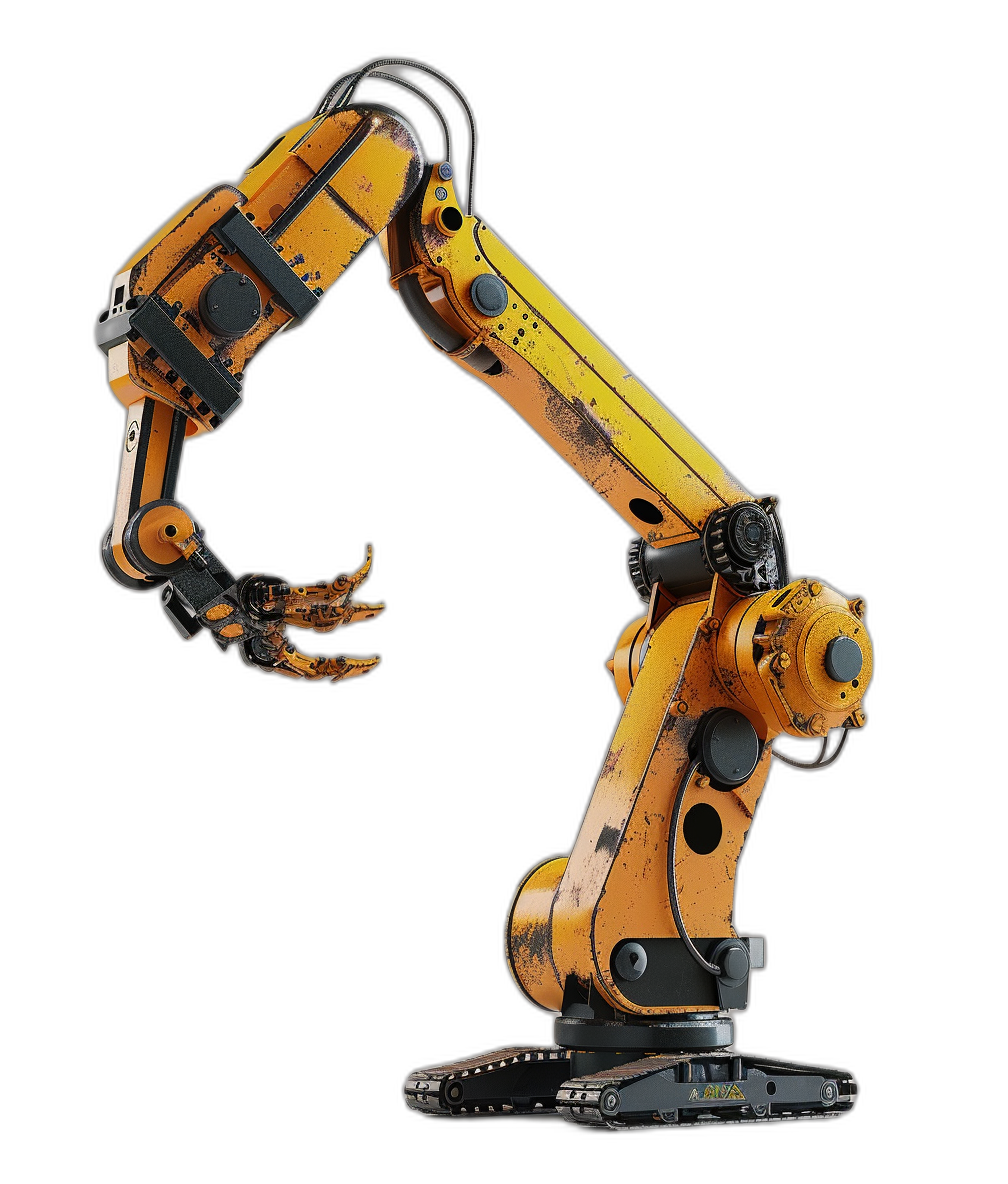 A robotic arm with a grapple, isolated on a black background, in a hyper realistic photographic style.